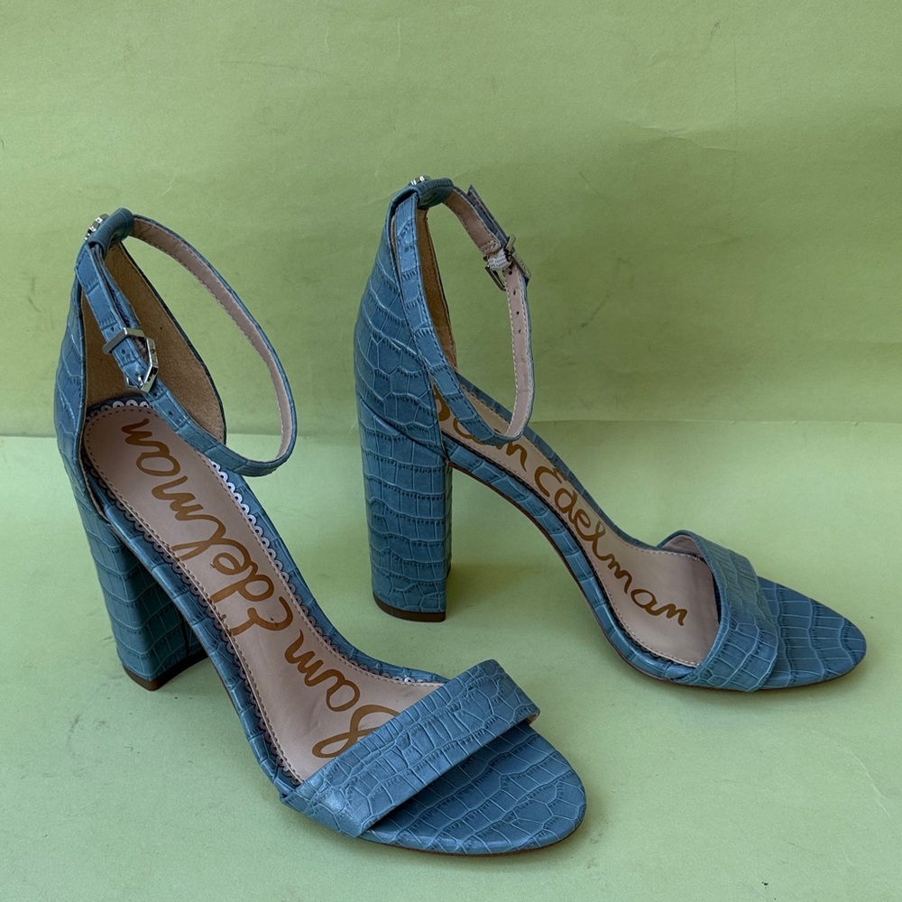 Sam Edelman Grayish Blue Croc-Embossed Leather Heels with Silver Hardware - Picture 7 of 10
